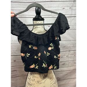 Kimchi‎ Blue Black Floral Off The Shoulder Ruffle Crop Top Women's Size S